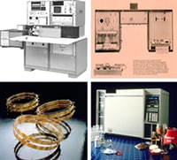 顺时针从左上方：HP 5390A MAS光谱仪（1971），Hupe＆Busch 1010B液相色谱仪（1973），HP 5890 GC（1984），Fused Silica Capillary柱（1979）